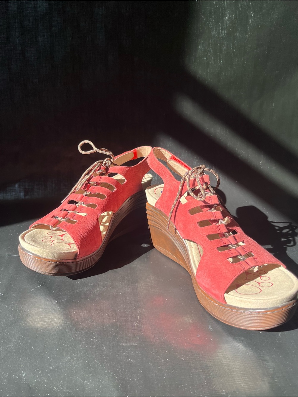 Bionica Red Suede Lace-Up Wedge Sandals